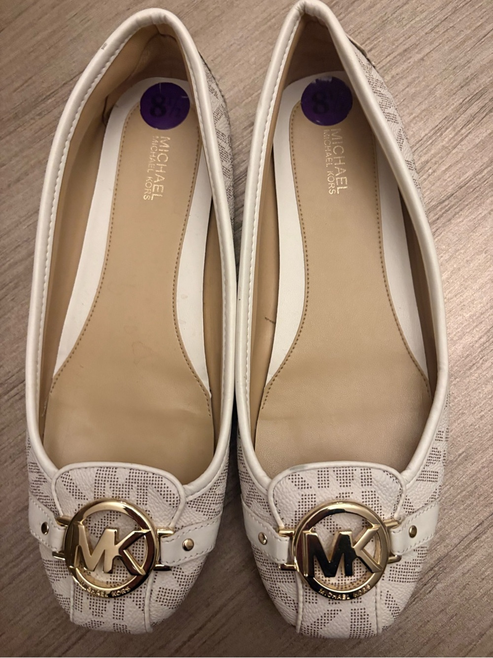 Michael Kors Cream Logo Ballet Flats with Gold MK Medallion